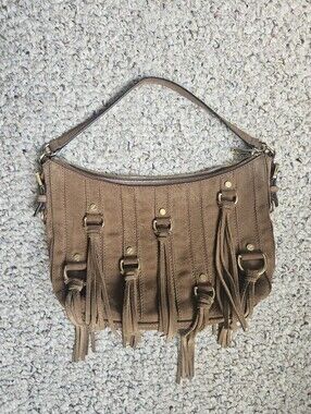 Michael Kors Presley Suede Fringe Hobo Bag Boho Tassel Shoulder Purse Tan Brown